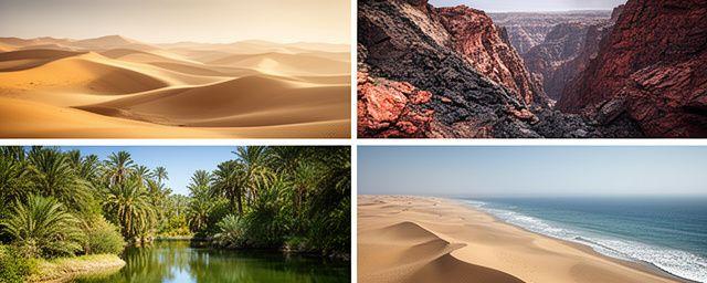 Quattro riquadri che mostrano diversi paesaggi desertici: dune morbide, canyon roccioso, oasi con palme e deserto costiero
